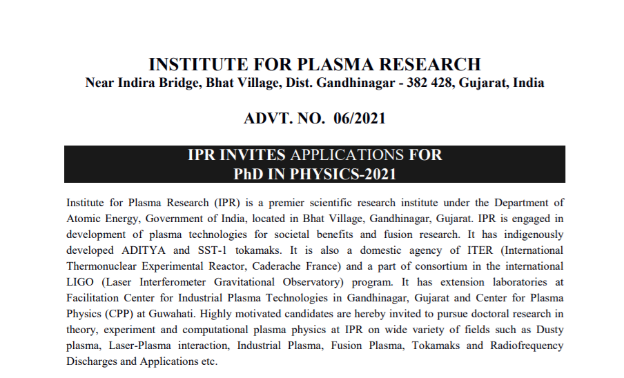 Institute of Plasma Research phd physics posts 2021.png